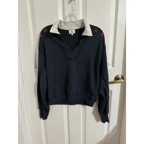 Sundry Vintage Terry Popover Polo Sweatshirt Blue Stars Size Medium - Picture 8 of 10